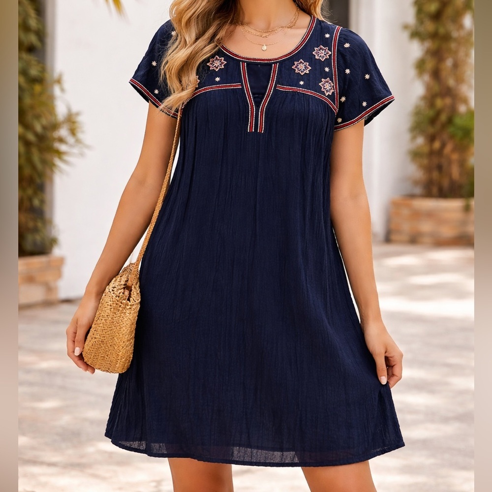 Abercrombie & Fitch Navy Dress with White Embroidery and Red Trim